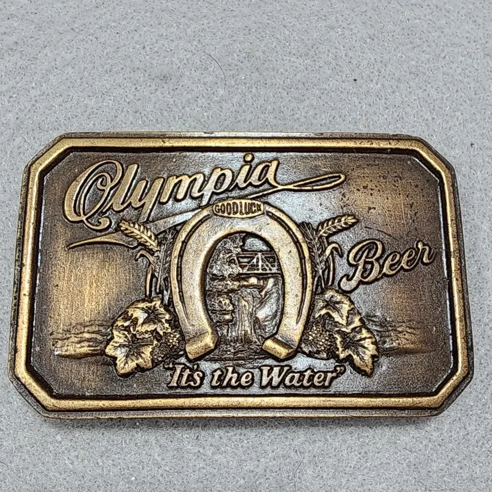 Olympia Beer It's The Water Belt Buckle Olympia Horseshoe Waterfall Vintage 1970